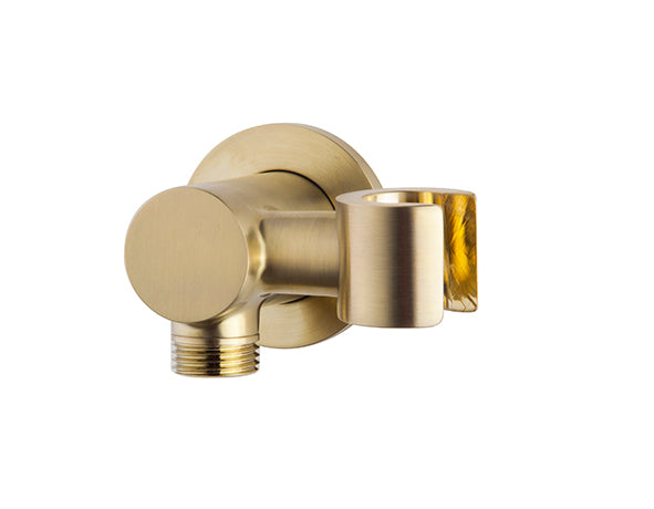 UniMatch wandaansluitbocht met kantelbare handdouchehouder rond 1/2" geborsteld messing PVD – Wiesbaden – Geborsteld Messing – Wandaansluitbocht | Dealplein