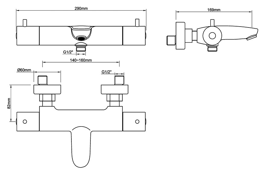 Caral thermostatische badmengkraan gunmetal PVD maattekening – afmetingen volgens maattekening | Dealplein