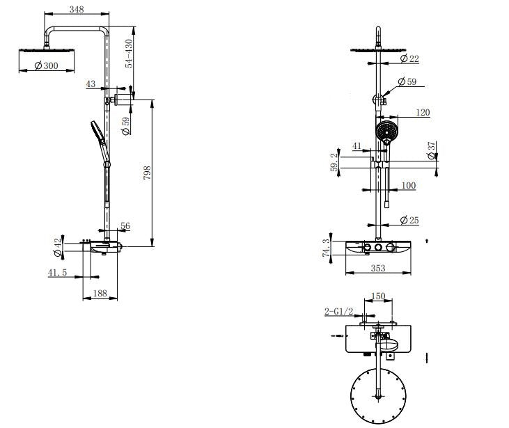 Nuovo thermostatische regendoucheset opbouw met planchet chroom maattekening – afmetingen volgens maattekening | Dealplein