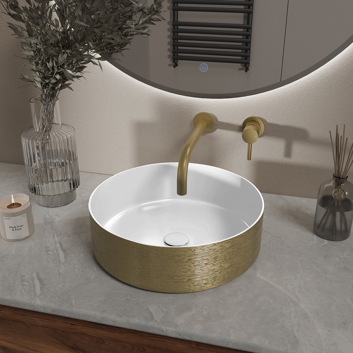 Mondri waskom rond 36 x 36 x 12 cm glans wit/geborsteld goud – Wiesbaden – Geborsteld Goud – Waskommen | Dealplein