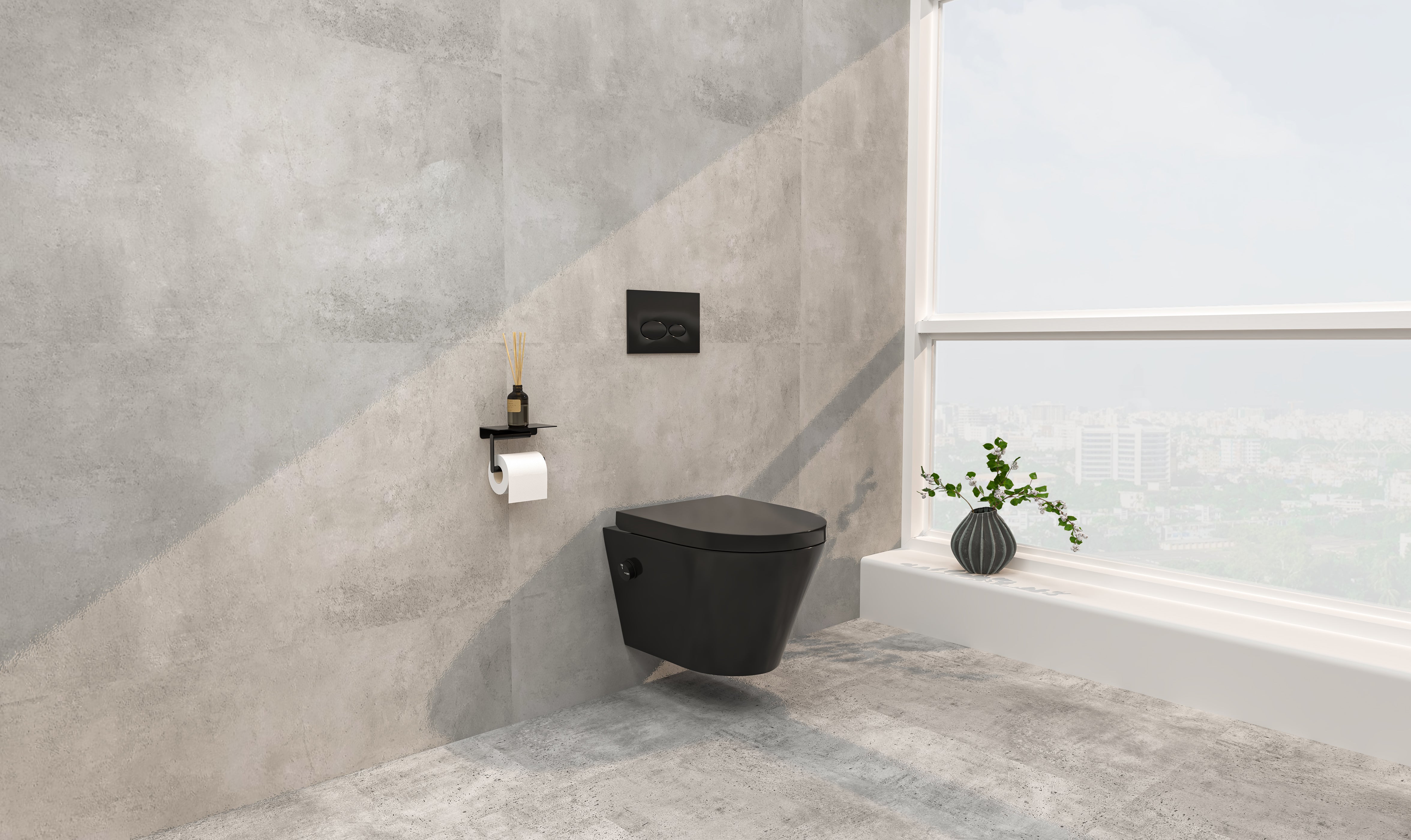 Wiesbaden Vesta wandcloset rimless met bidetkraan koud water met Vesta toiletzitting mat zwart
