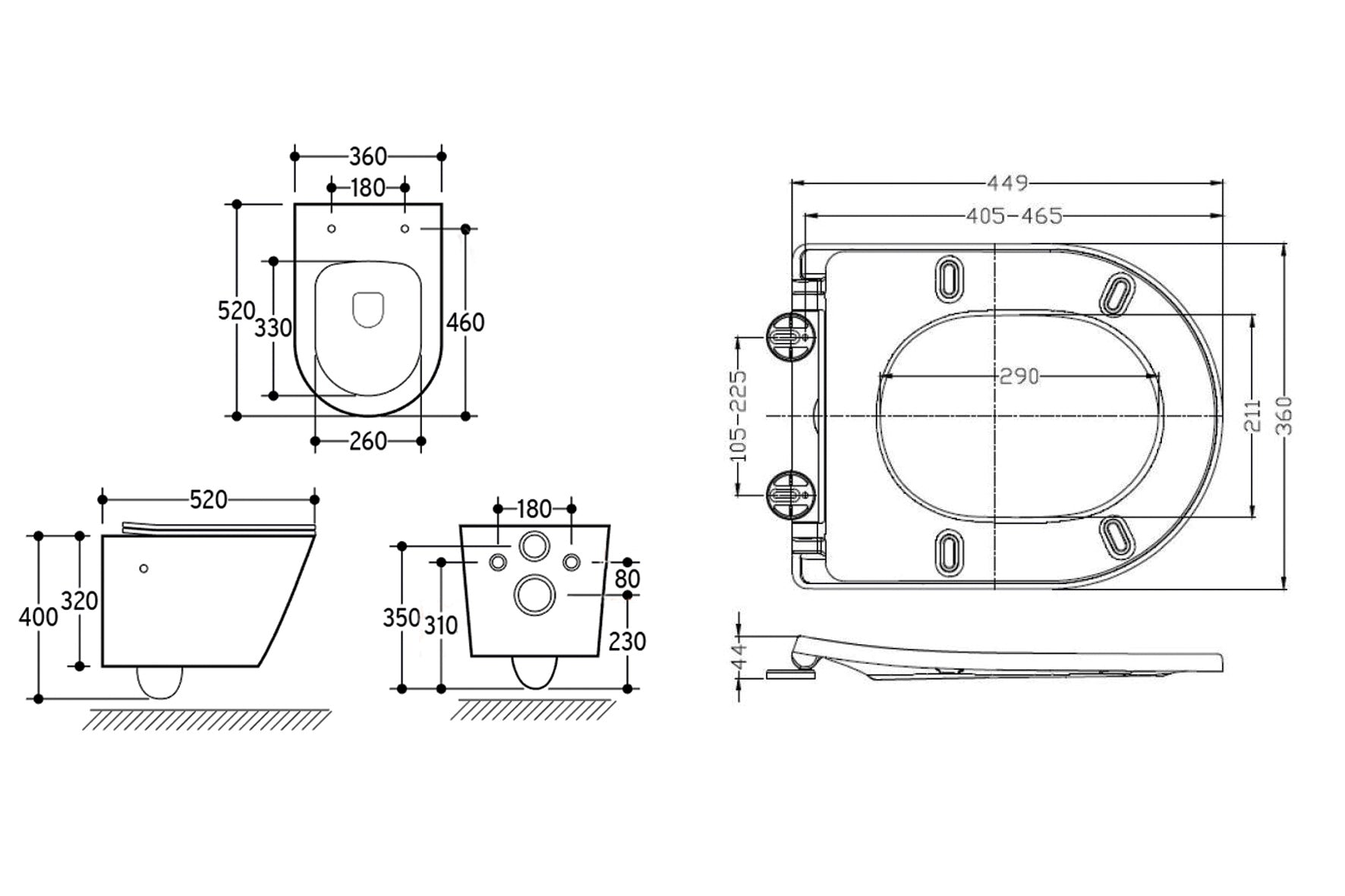 Maattekening Wiesbaden Vesta wandcloset rimless met bidetkraan koud water met Shade slim toiletzitting glans wit