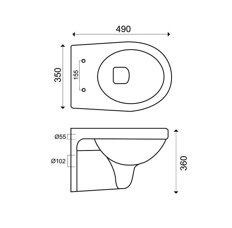 Maattekening Trevi wandcloset verkort Kiwa met Menir toiletzitting softclose en quick release glans wit