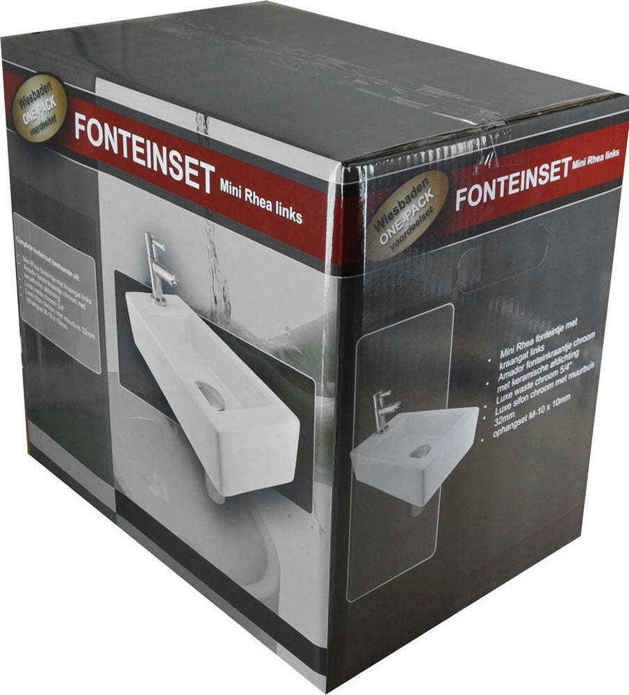 Fonteinset Rhea S mini met fontein links glans wit, kraan, sifon en afvoerplug chroom – Wiesbaden – Glans Wit – Complete fonteinsets | Dealplein