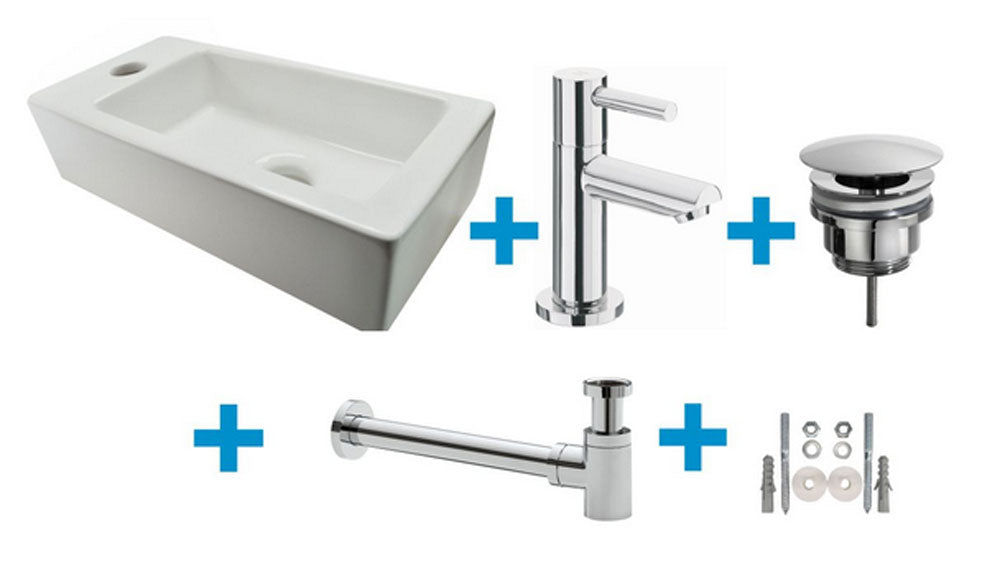 Fonteinset Rhea S mini met fontein links glans wit, kraan, sifon en afvoerplug chroom – Wiesbaden – Glans Wit – Complete fonteinsets | Dealplein