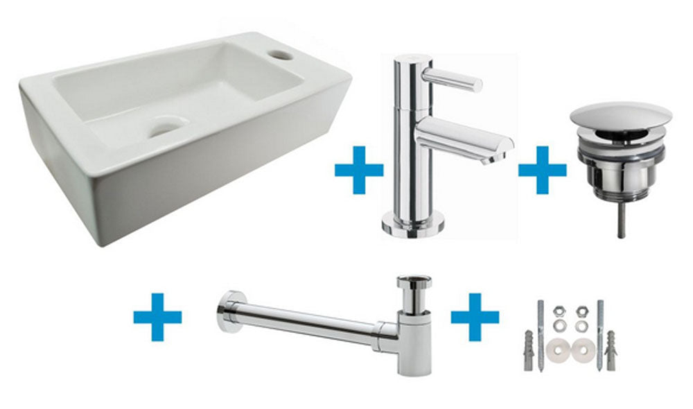 Fonteinset Rhea S mini met fontein rechts glans wit, kraan, sifon en afvoerplug chroom – Wiesbaden – Glans Wit – Complete fonteinsets | Dealplein