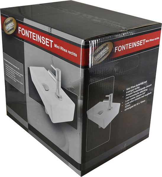 Fonteinset Rhea S mini met fontein rechts glans wit, kraan, sifon en afvoerplug chroom – Wiesbaden – Glans Wit – Complete fonteinsets | Dealplein