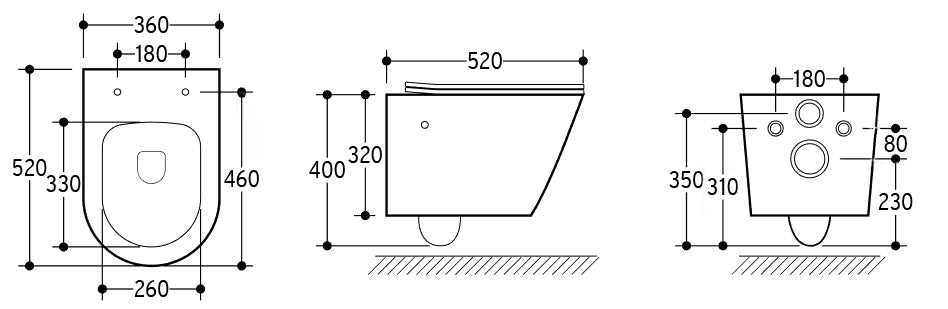 Maattekening Wiesbaden Vesta wandcloset rimless met bidetkraan koud water mat wit