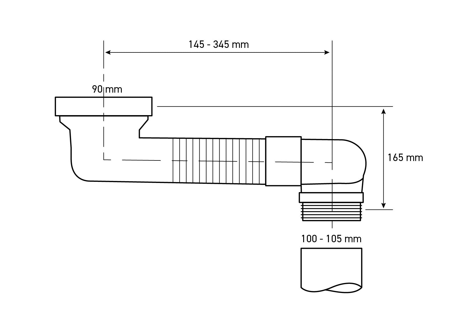 Maattekening Sprongbocht verstelbaar 15-35cm, inbouwhoogte 80 mm, 90-110mm aansluitingen