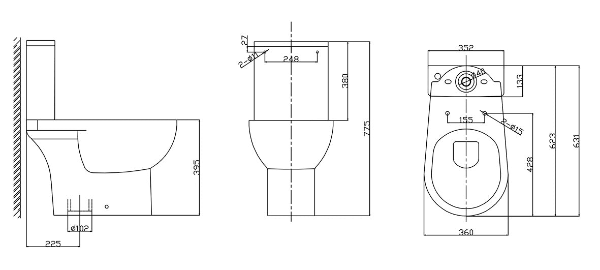 Maattekening Duoblok toilet staand rimless AO met toiletzitting glans wit