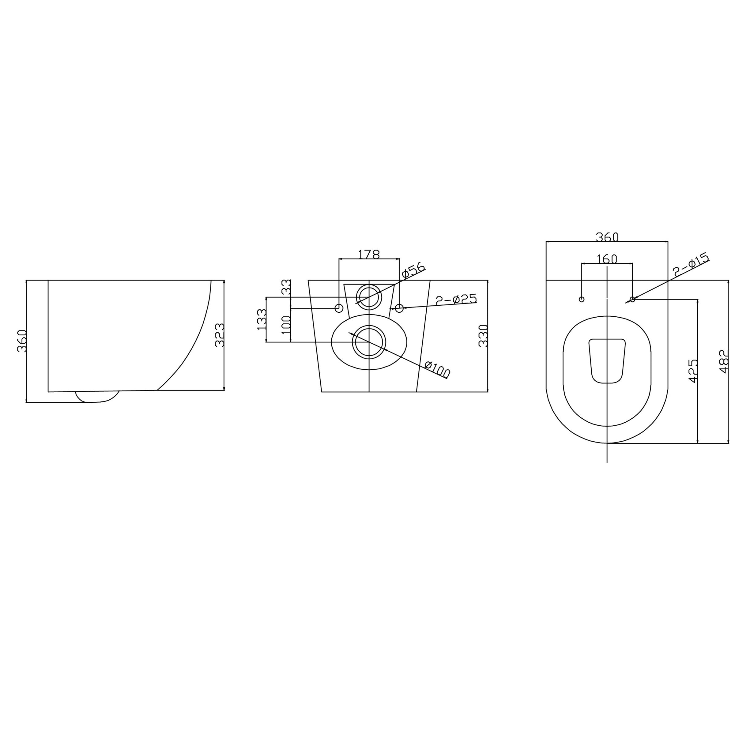 Maattekening Nibiru rimless wandcloset met toiletzitting softclose en quick release mat zwart