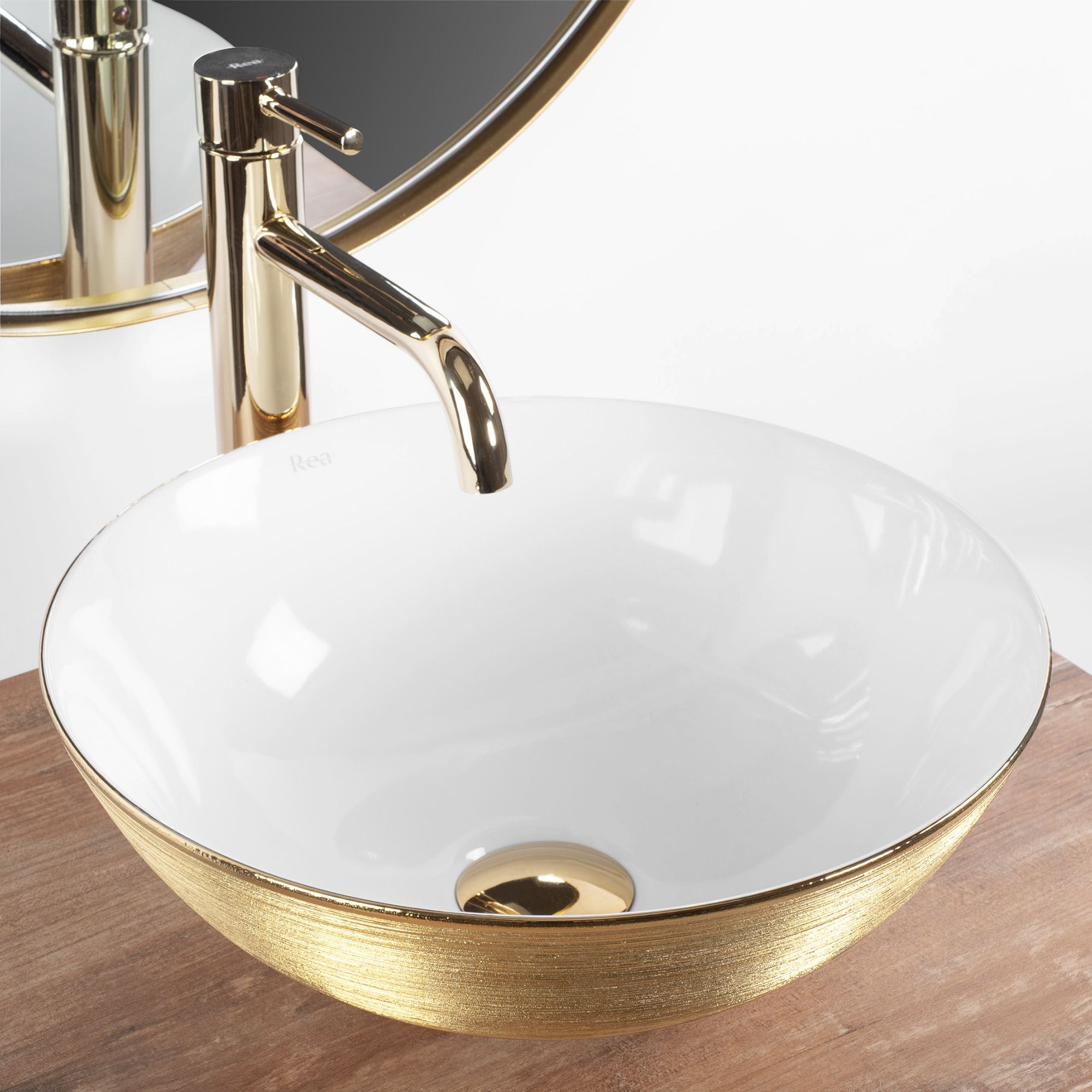 De REA STELLA Gold Brush / White aanrecht keramische wastafel