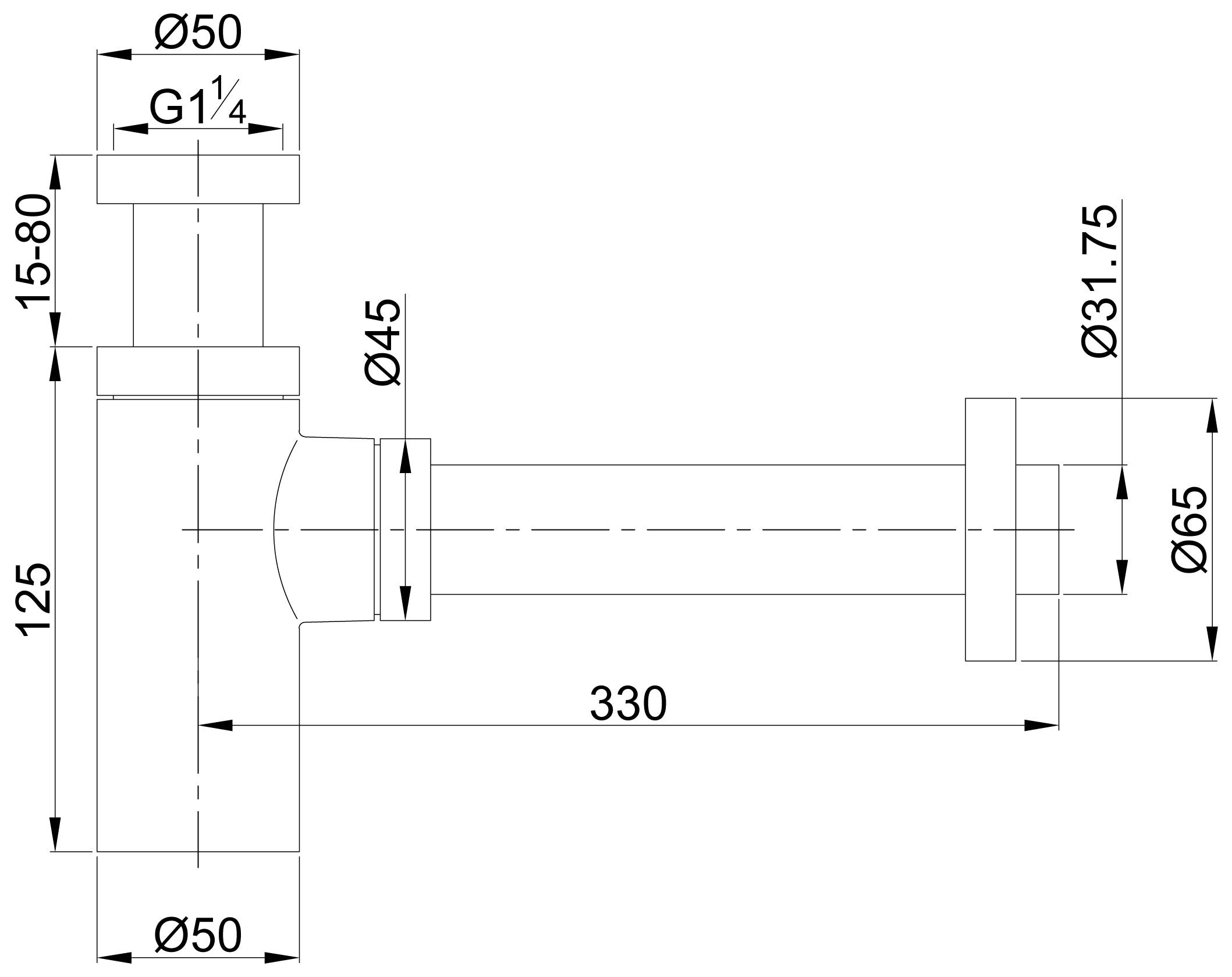 UniMatch wastafelsifon 5/4" x 32 mm geborsteld brons koper PVD maattekening – afmetingen volgens maattekening | Dealplein