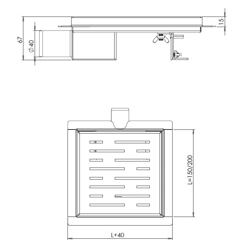 Maattekening Wiesbaden 3e generatie doucheput met flens en zijuitlaat 20 x 20 cm RVS
