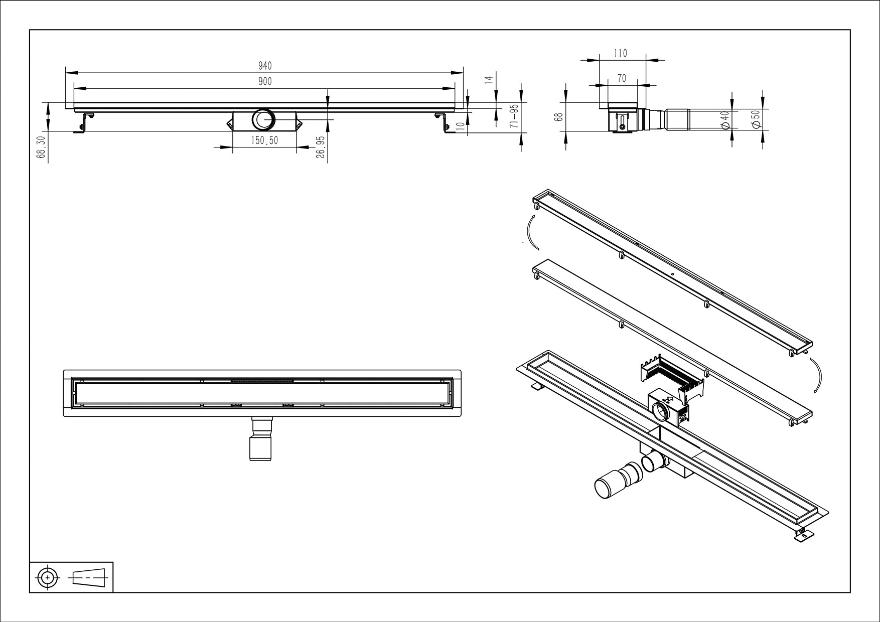 Maattekening Wiesbaden Douchegoot met flens en tegelrooster 90 x 7 cm gunmetal PVD