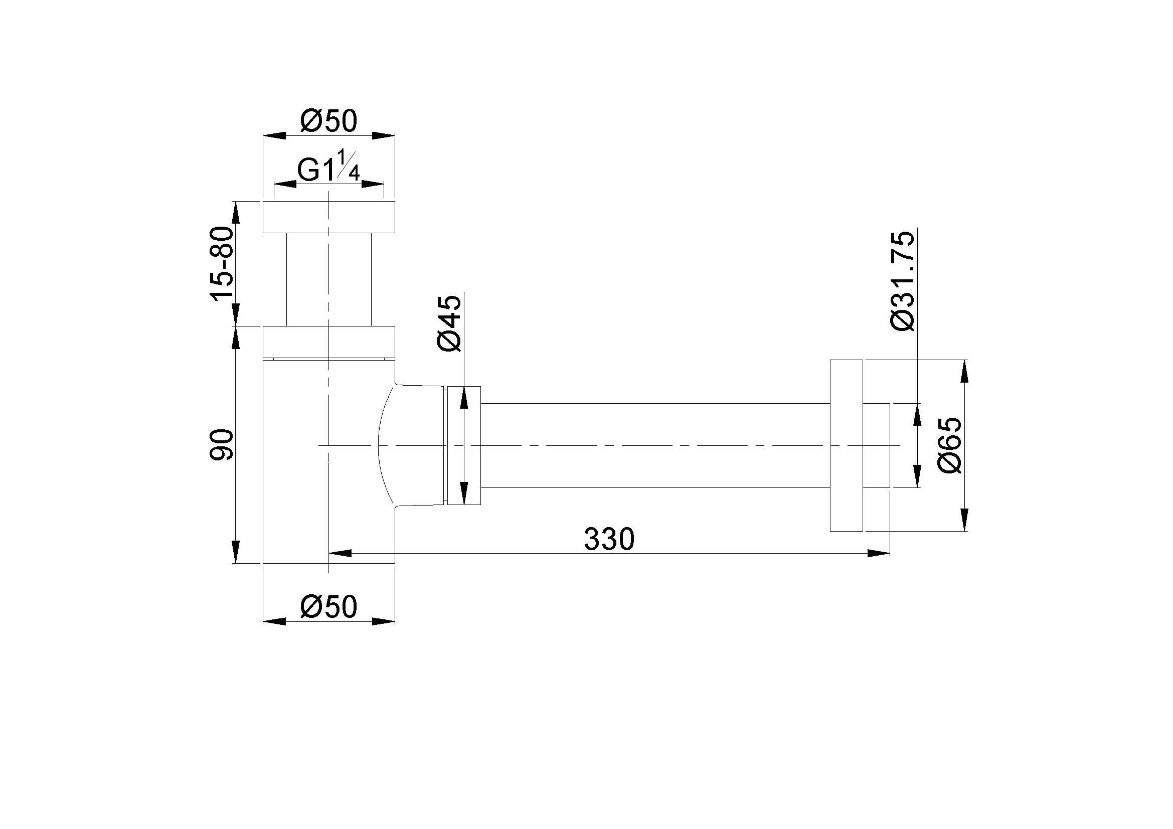 UniMatch fonteinsifon 5/4" x 32 mm mat zwart maattekening – 3 × 30 cm | Dealplein