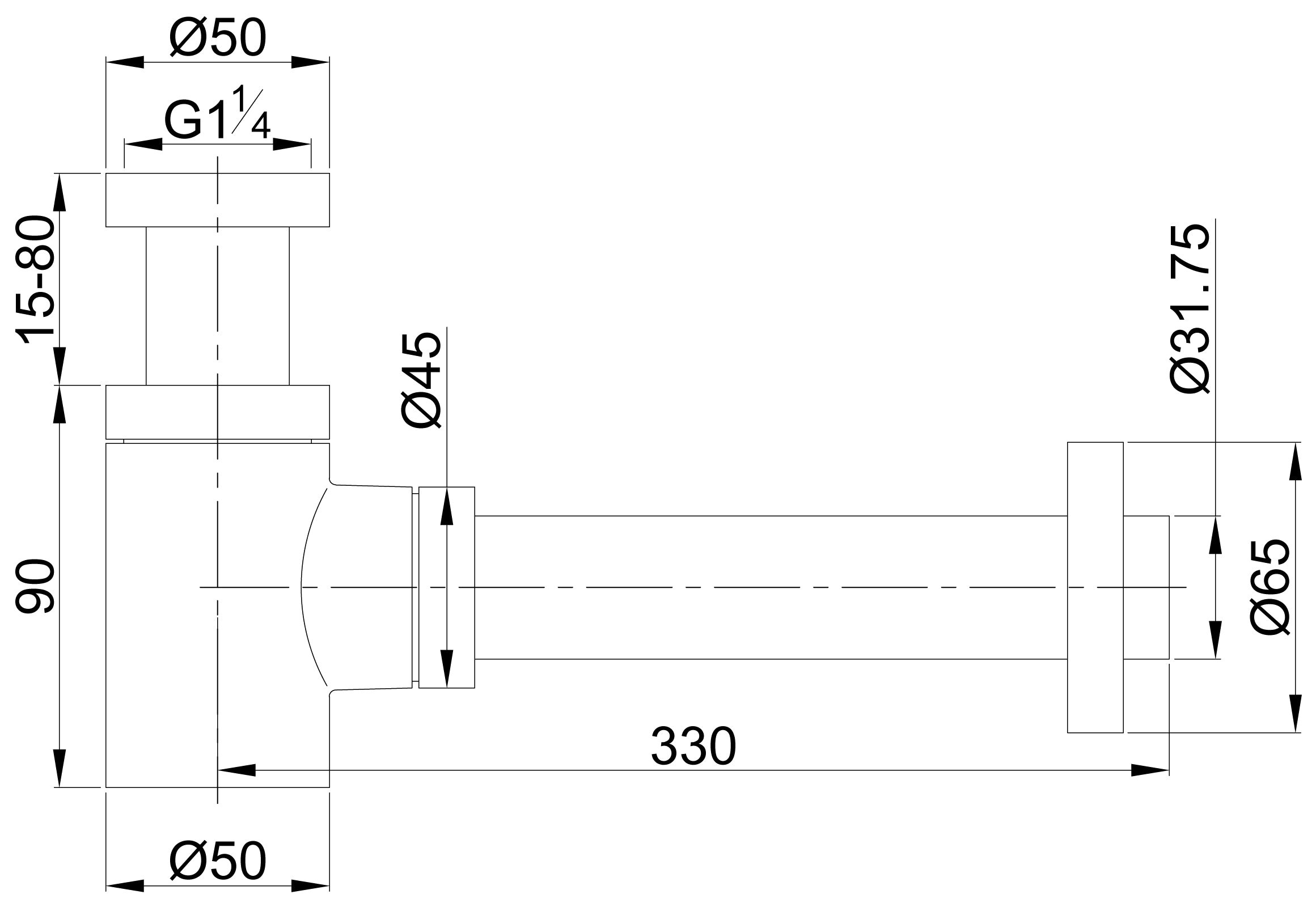 UniMatch fonteinsifon 5/4" x 32 mm geborsteld brons koper PVD - maattekening