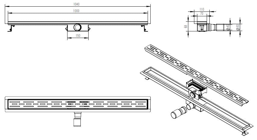 Maattekening Wiesbaden Douchegoot met flens en rooster 100 x 7 cm geborsteld brons koper PVD