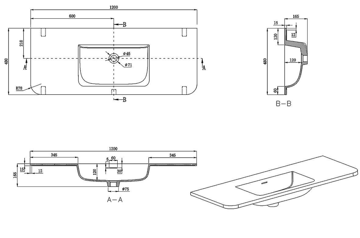 Laro wastafel zonder kraangat ronde hoeken 120 x 48 x 1,5 cm solid surface mat wit – Wiesbaden – Mat Wit – Meubel Wastafel | Dealplein