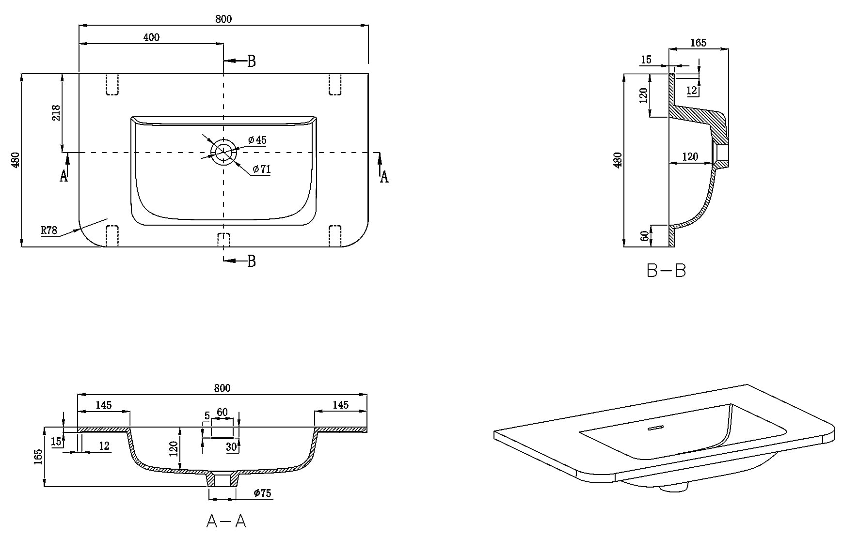 Maattekening Wiesbaden Laro wastafel zonder kraangat ronde hoeken 80 x 48 x 1,5 cm solid surface beige