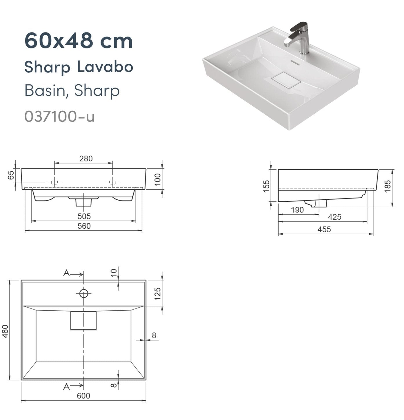 Keramische wastafel Sharp 60x48x10cm