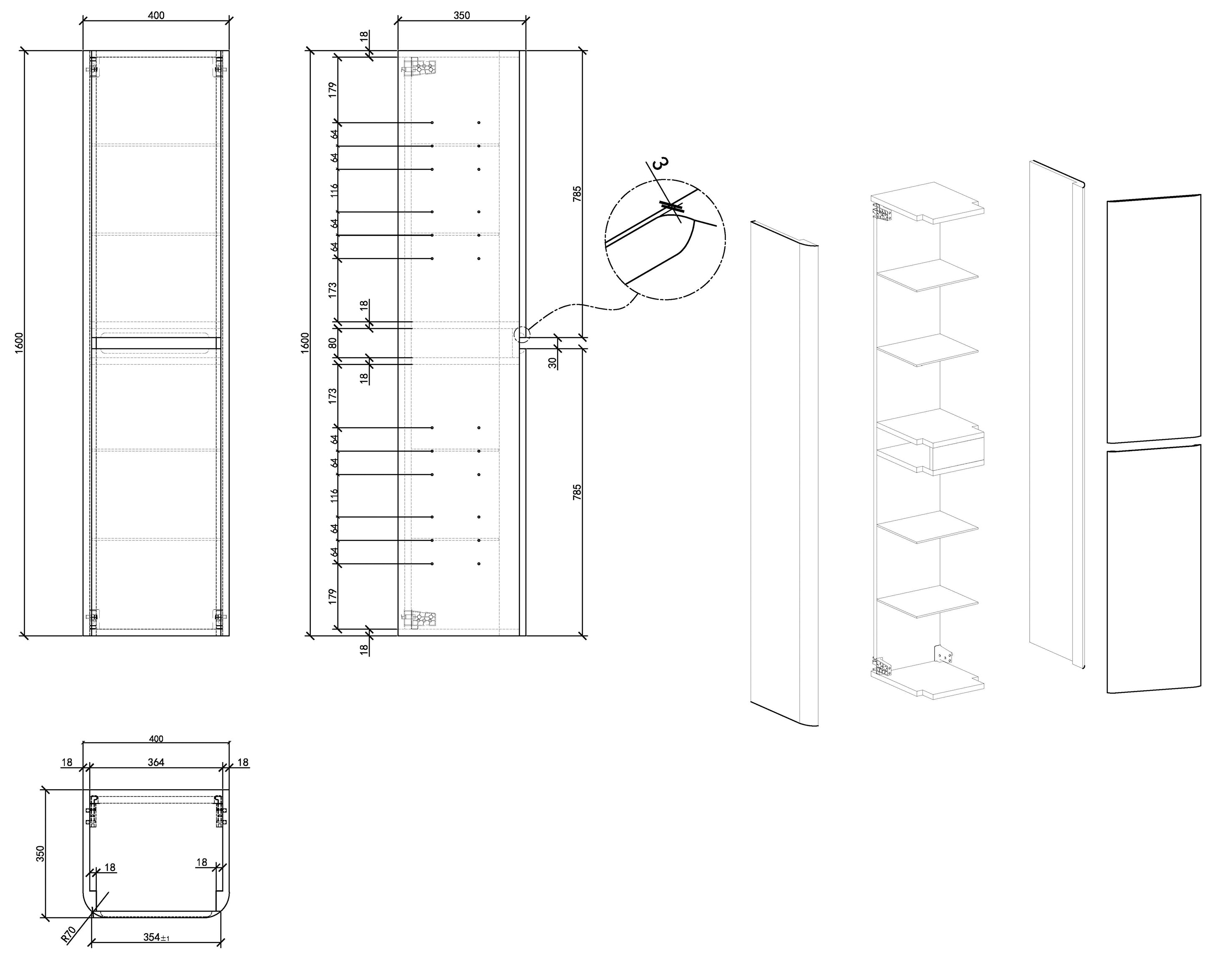 Maattekening Wiesbaden Novira kolomkast afgeronde hoeken 160 x 40 x 35 cm mat wit