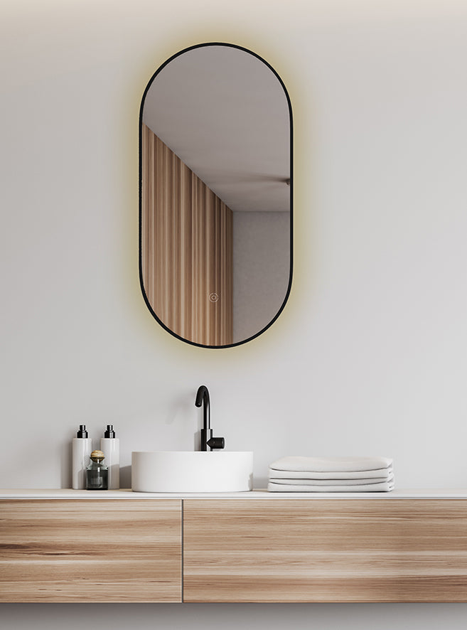 Wiesbaden Nomi spiegel met lijst ovaal met LED, dimbaar en spiegelverwarming 50 x 100 cm mat zwart