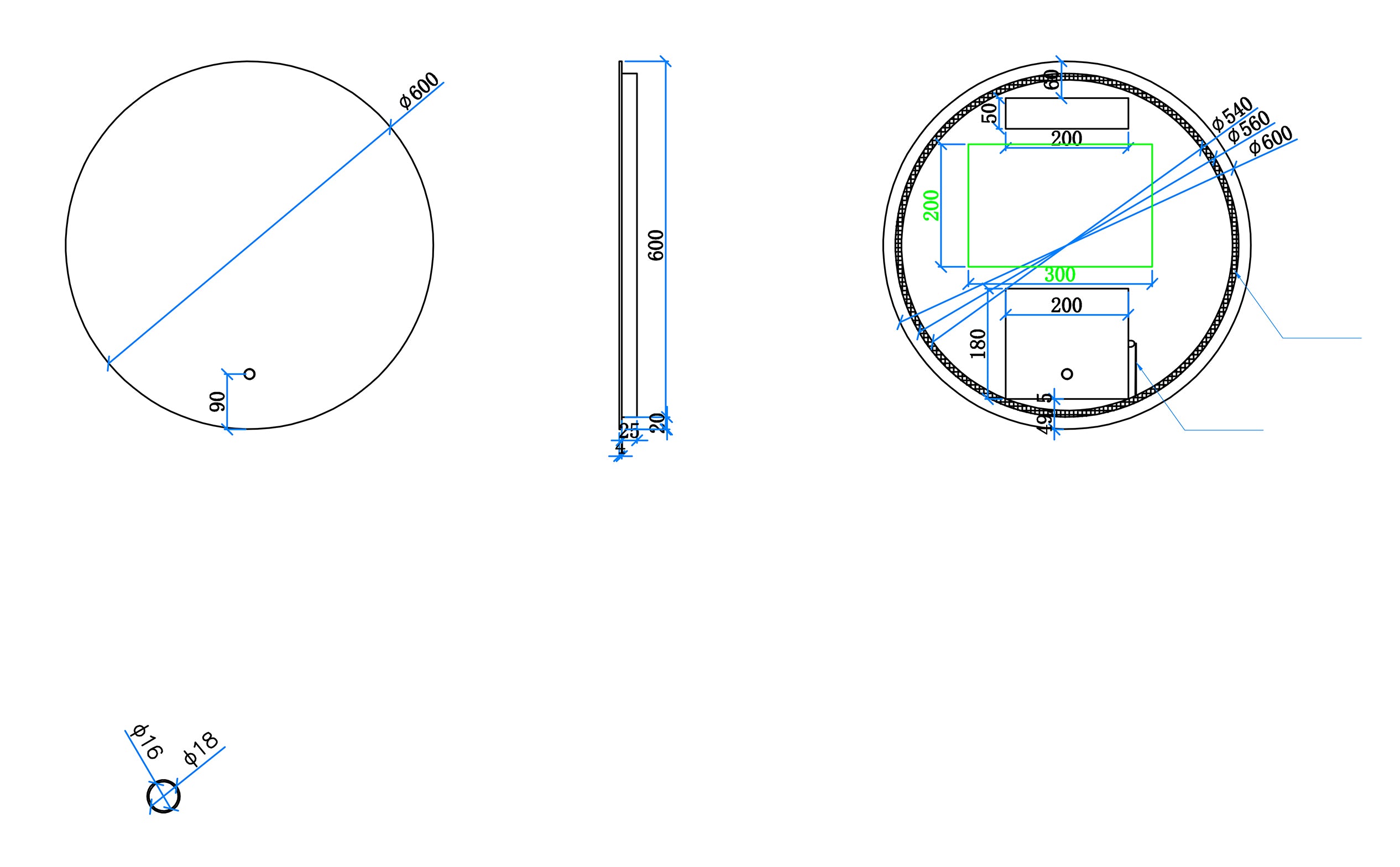 Maattekening Giro spiegel rond met LED, dimbaar en spiegelverwarming 60 cm