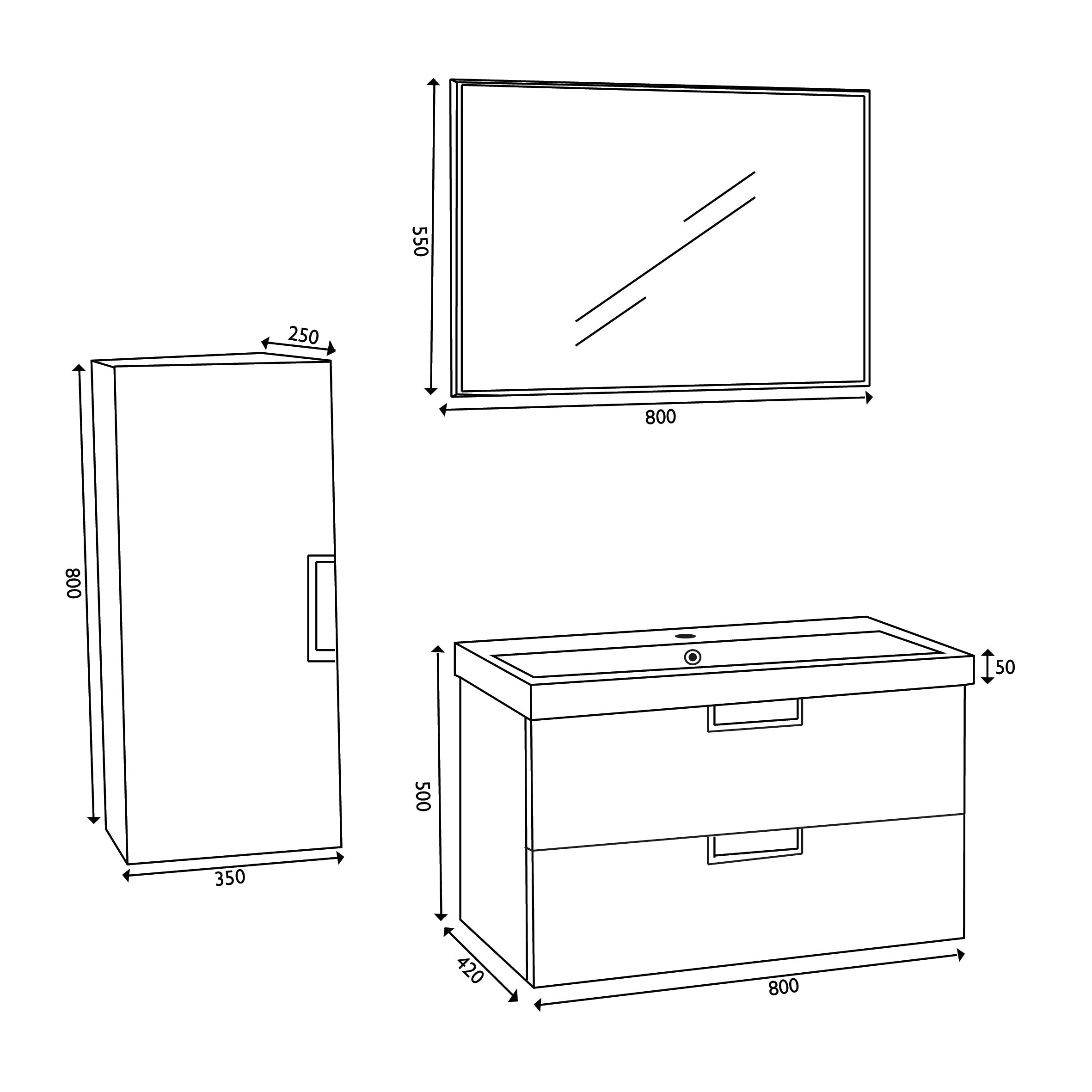 Maattekening Badmeubel 80 +keramische wastafel + spiegel + zijkast wit