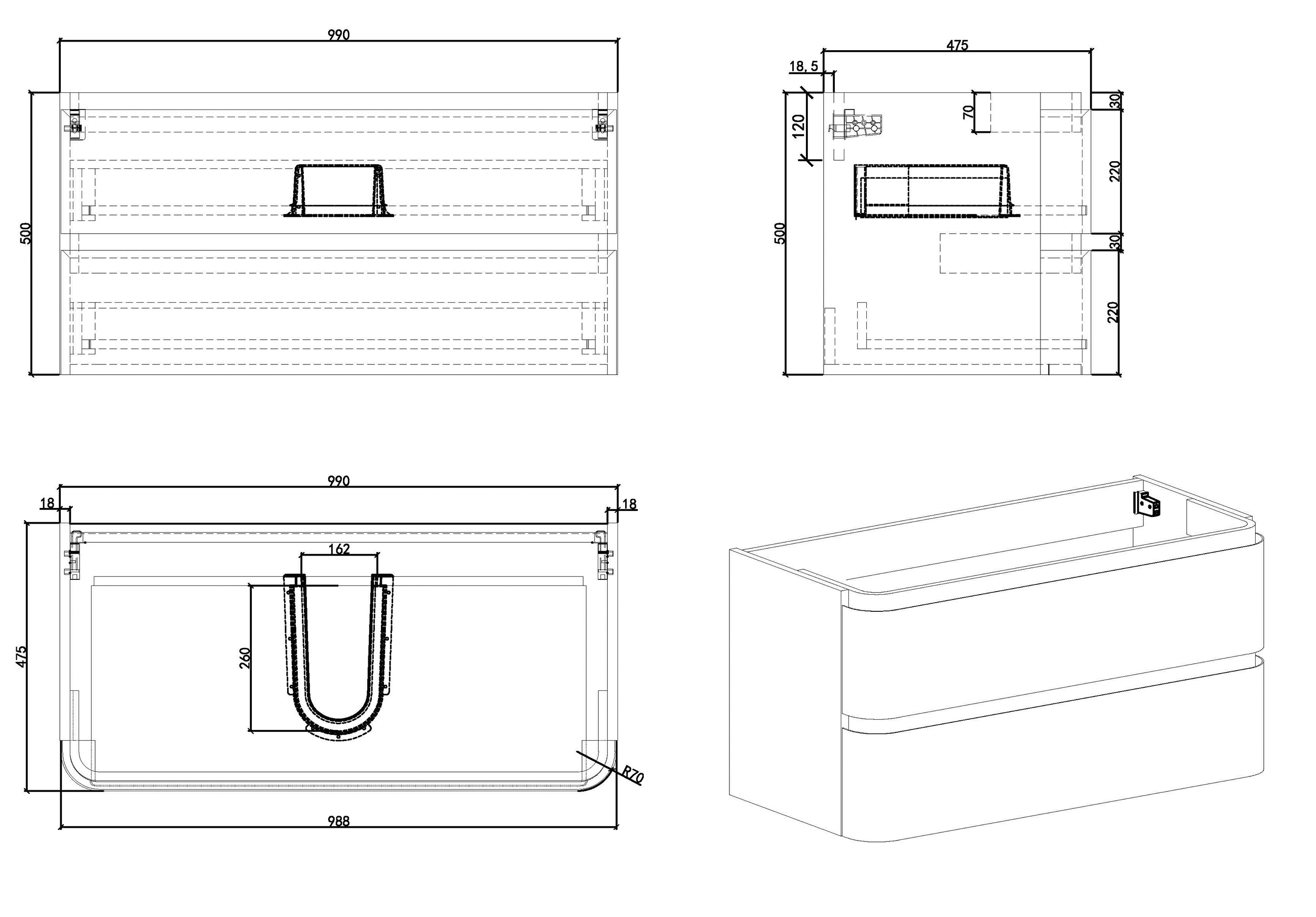 Maattekening Wiesbaden Novira onderkast afgeronde hoeken met 2 laden 1 uitsparing 100 x 48 cm mat wit