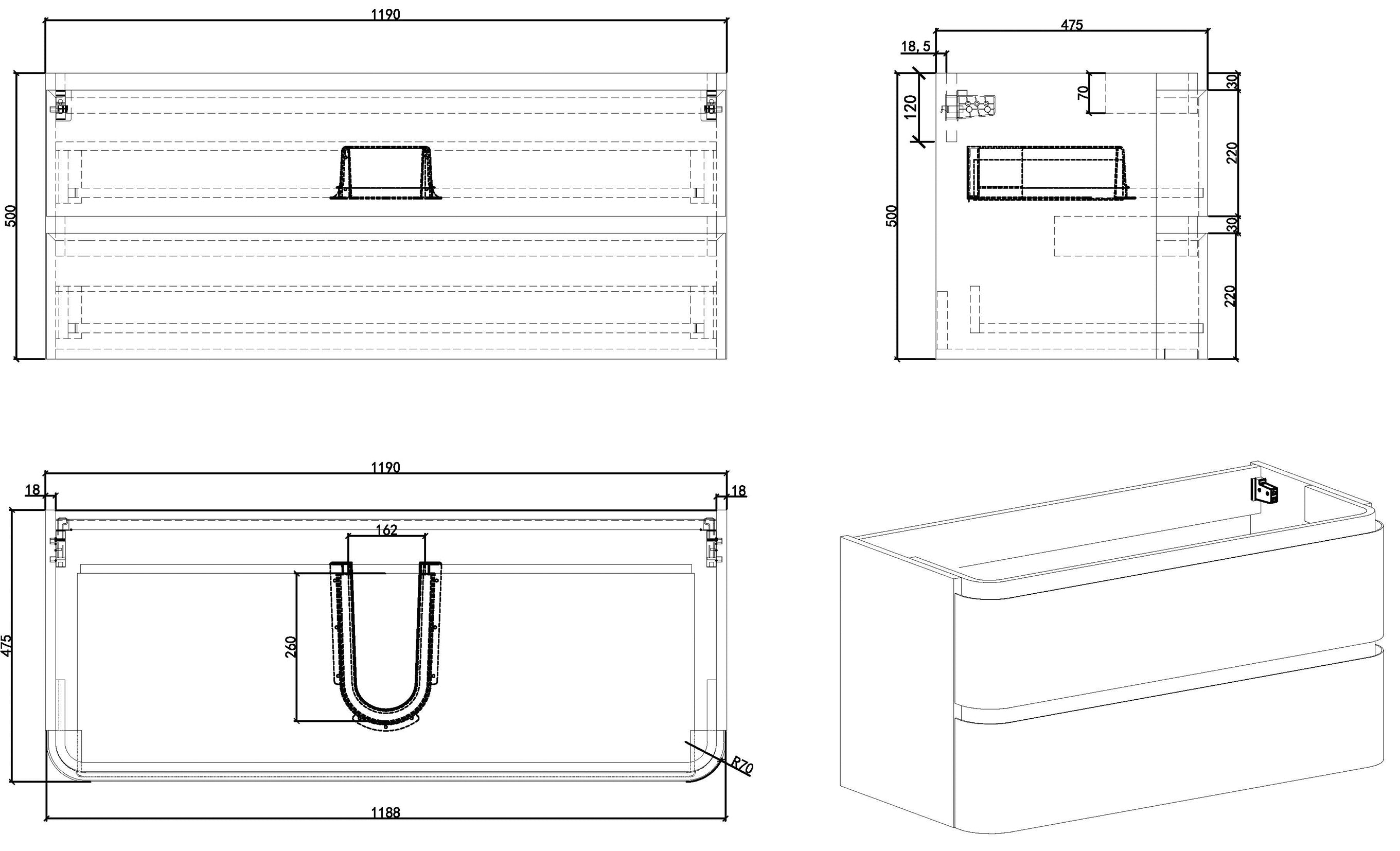 Novira onderkast afgeronde hoeken met 2 laden 1 uitsparing 120 x 48 cm mat zwart – Wiesbaden – Mat Zwart – Badmeubelen | Dealplein – Maattekening