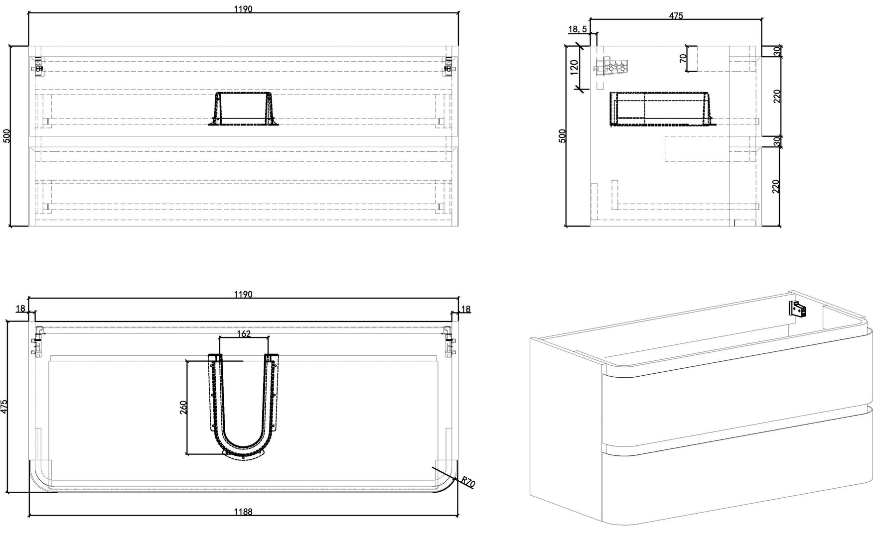 Novira onderkast afgeronde hoeken met 2 laden 1 uitsparing 120 x 48 cm mat zand – Wiesbaden – Onbekend – Badmeubelen | Dealplein