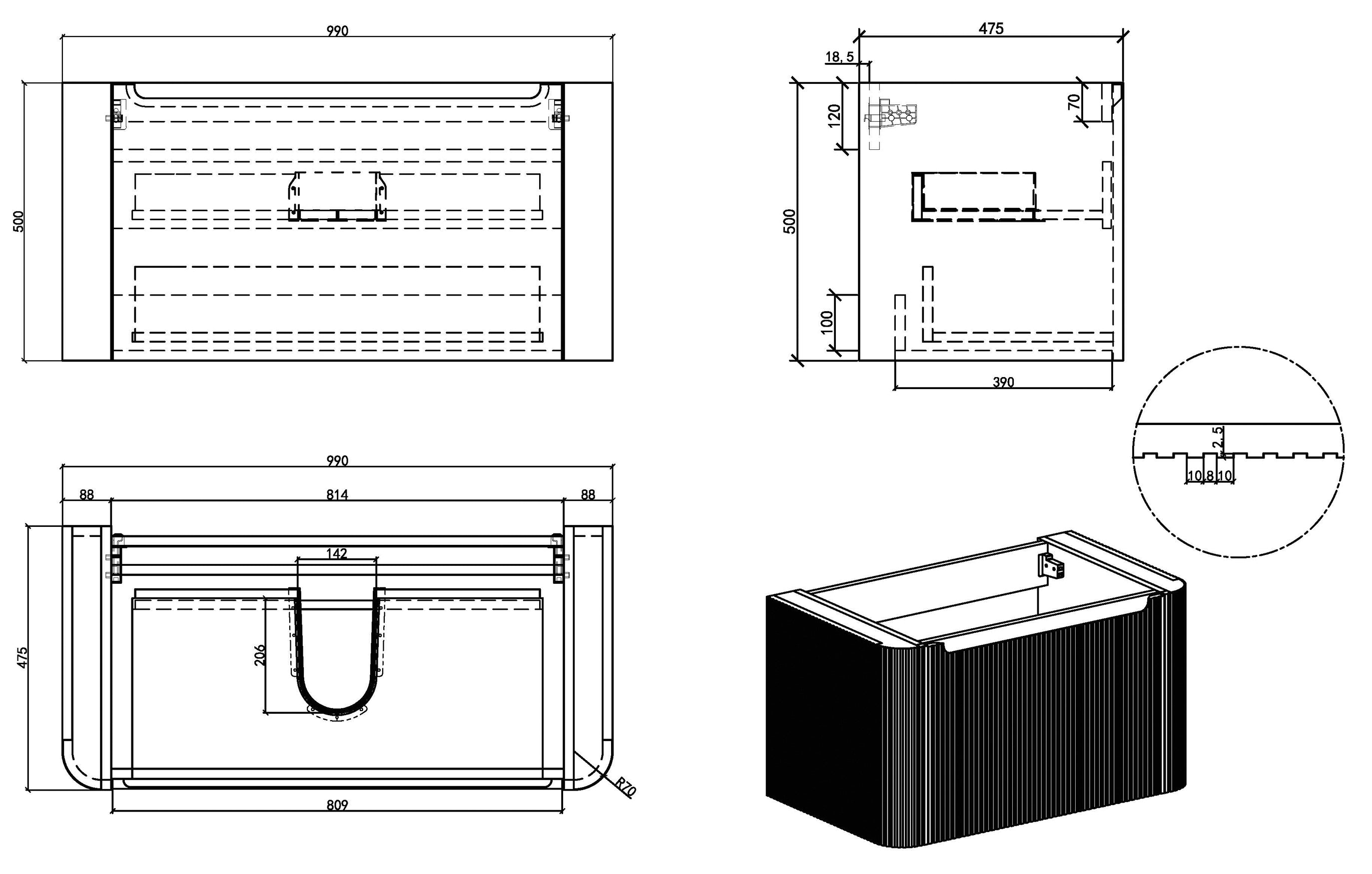 Maattekening Wiesbaden Sulora onderkast afgeronde hoeken geribbeld met 1 lade 1 uitsparing 100 x 48 cm mat beige