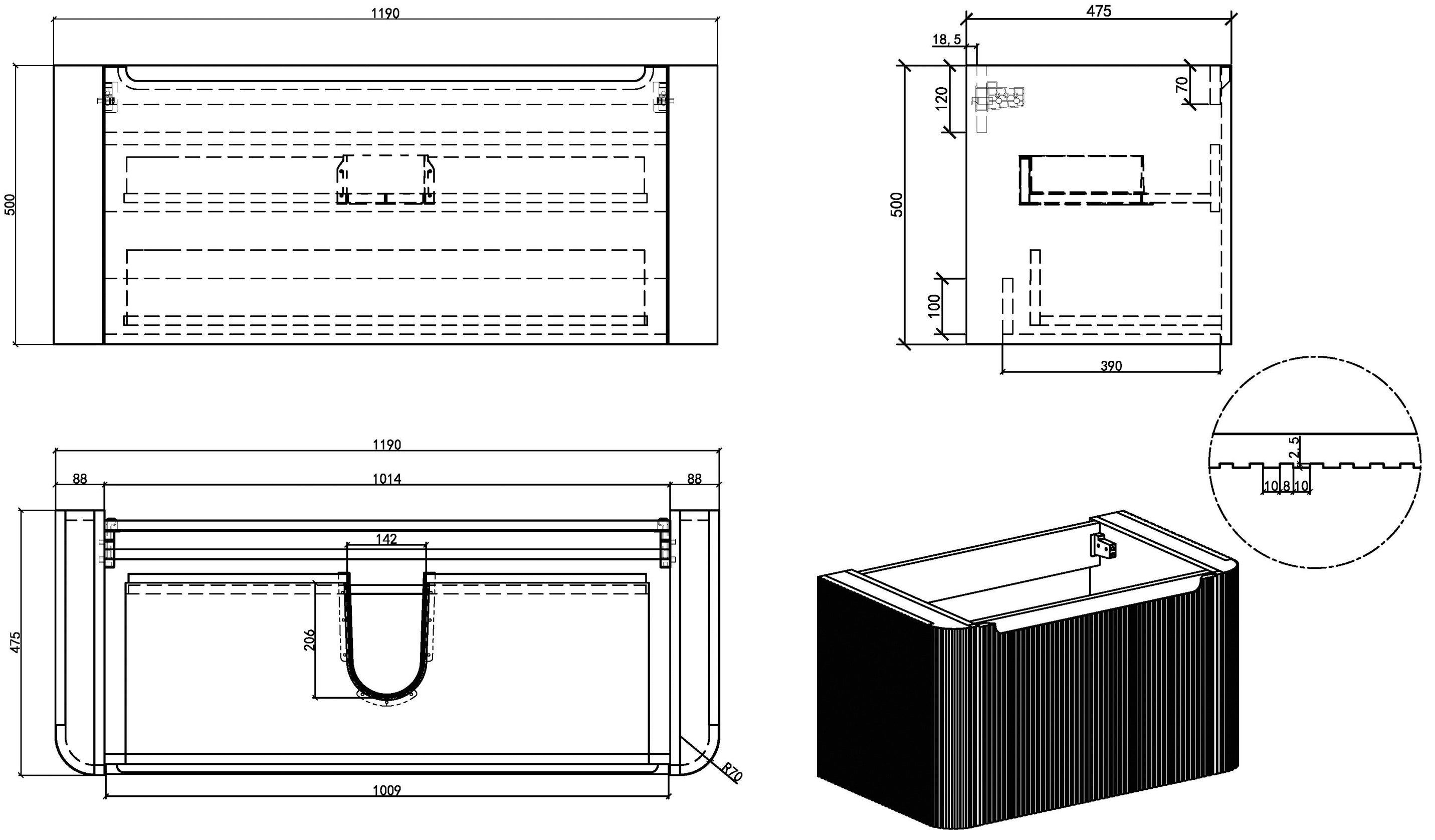 Maattekening Wiesbaden Sulora onderkast afgeronde hoeken geribbeld met 1 lade 1 uitsparing 120 x 48 cm mat zwart