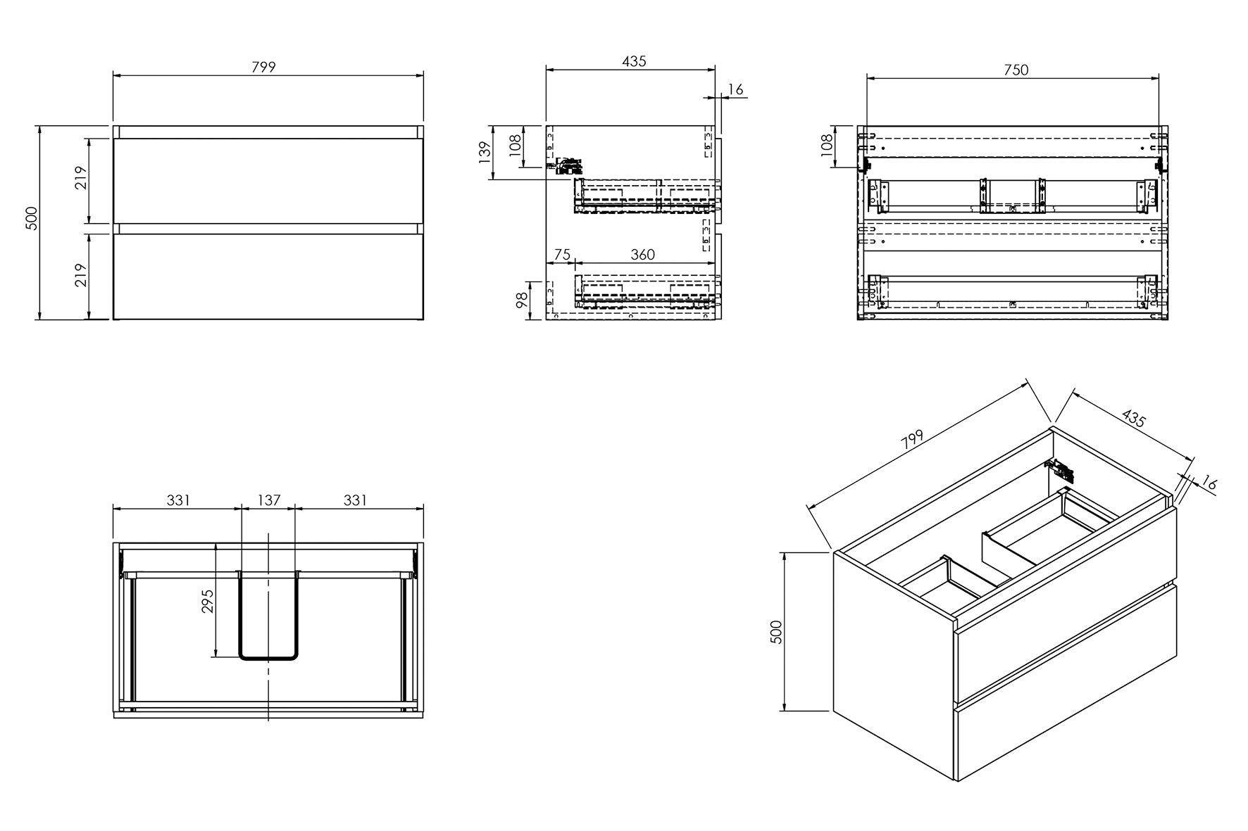 Maattekening Wiesbaden Alvara onderkast met 2 laden 1 uitsparing 80 x 46 cm warm eiken