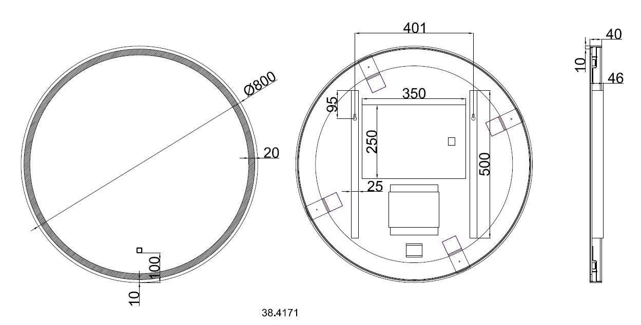 Maattekening Wiesbaden Maro spiegel rond met LED, dimbaar en spiegelverwarming 80 cm mat zwart