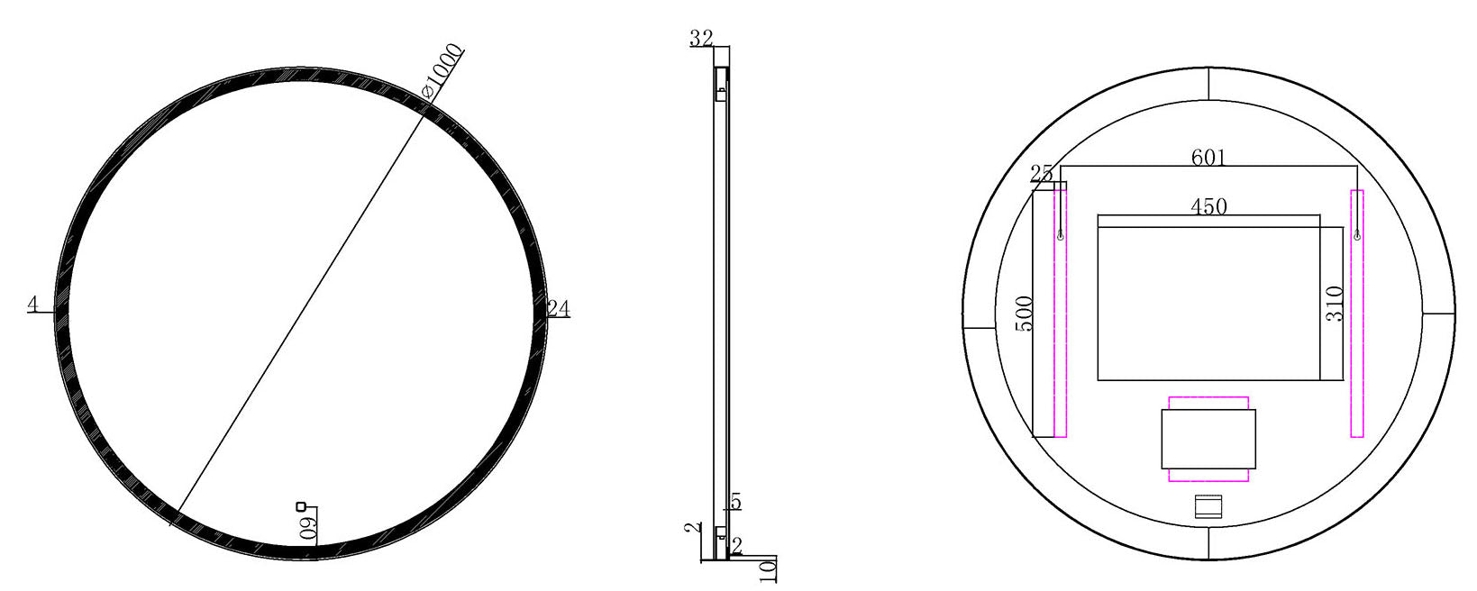 Maattekening Wiesbaden Maro spiegel rond met LED, dimbaar en spiegelverwarming 100 cm mat zwart