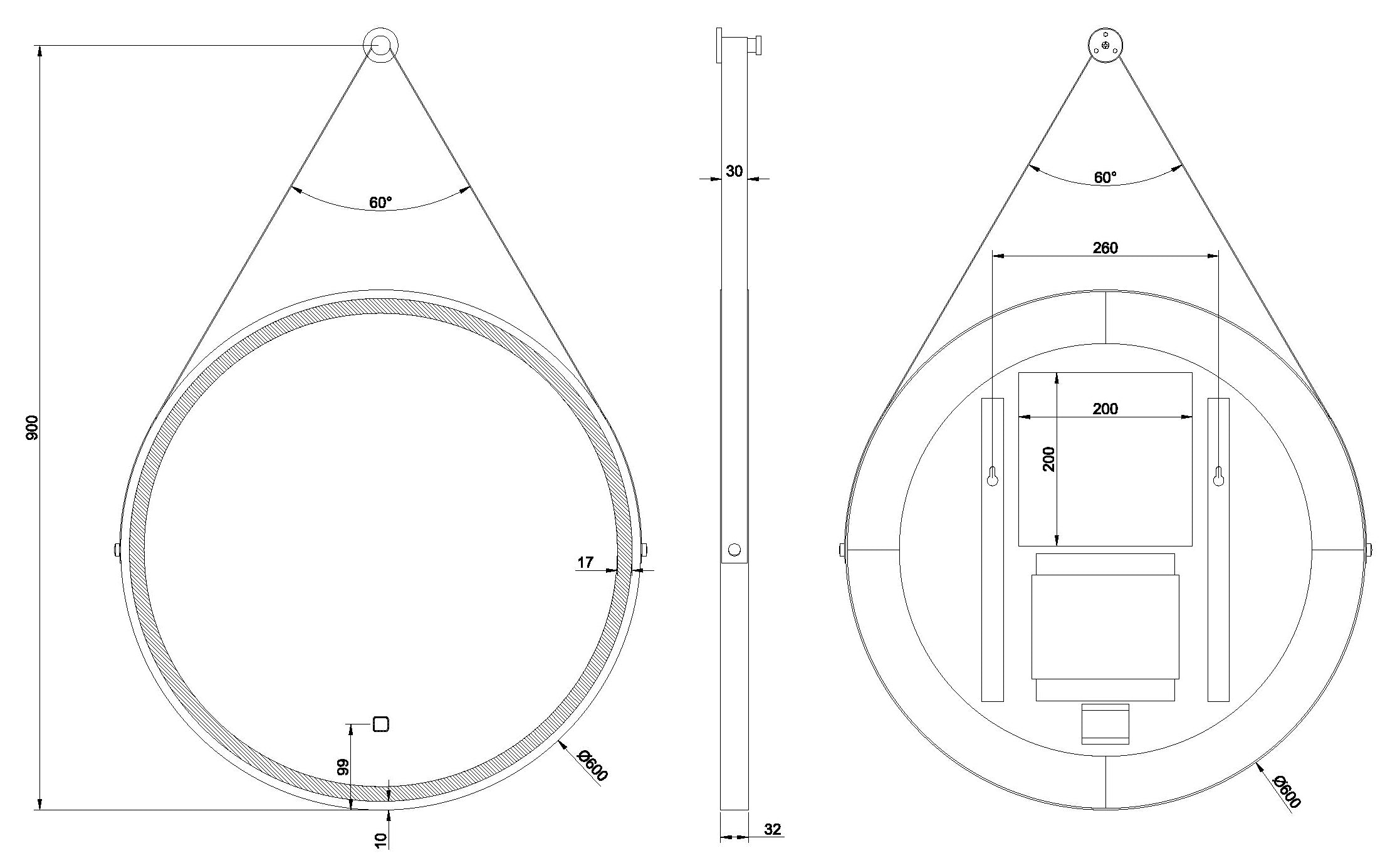 Maattekening Wiesbaden Cinto spiegel rond met band, LED, dimbaar en spiegelverwarming 60 cm mat zwart