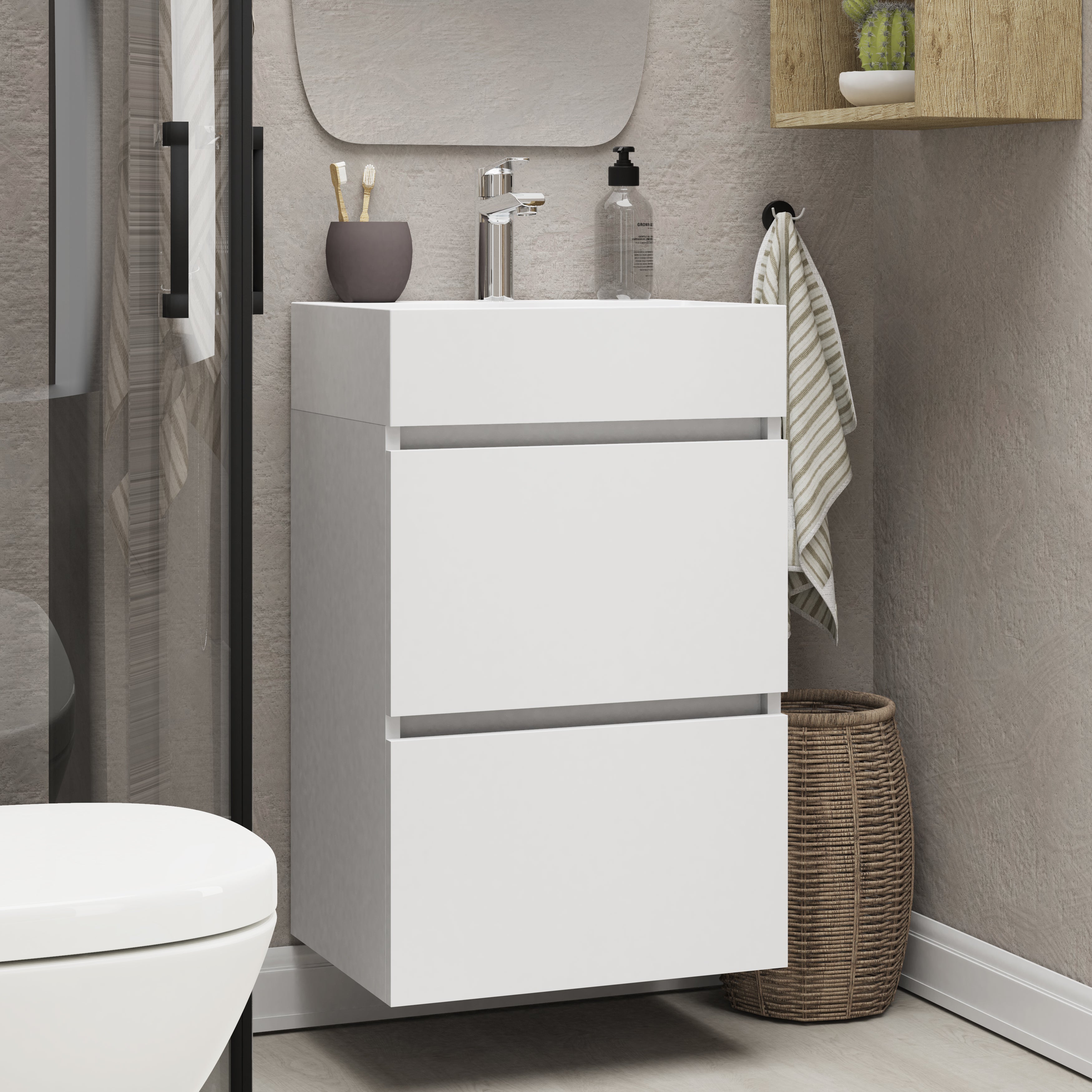 Mini onderkast met 2 laden 45 cm glans wit en wastafel keramiek glans wit – Xellanz – Mat Zwart – Badkamermeubelset | Dealplein