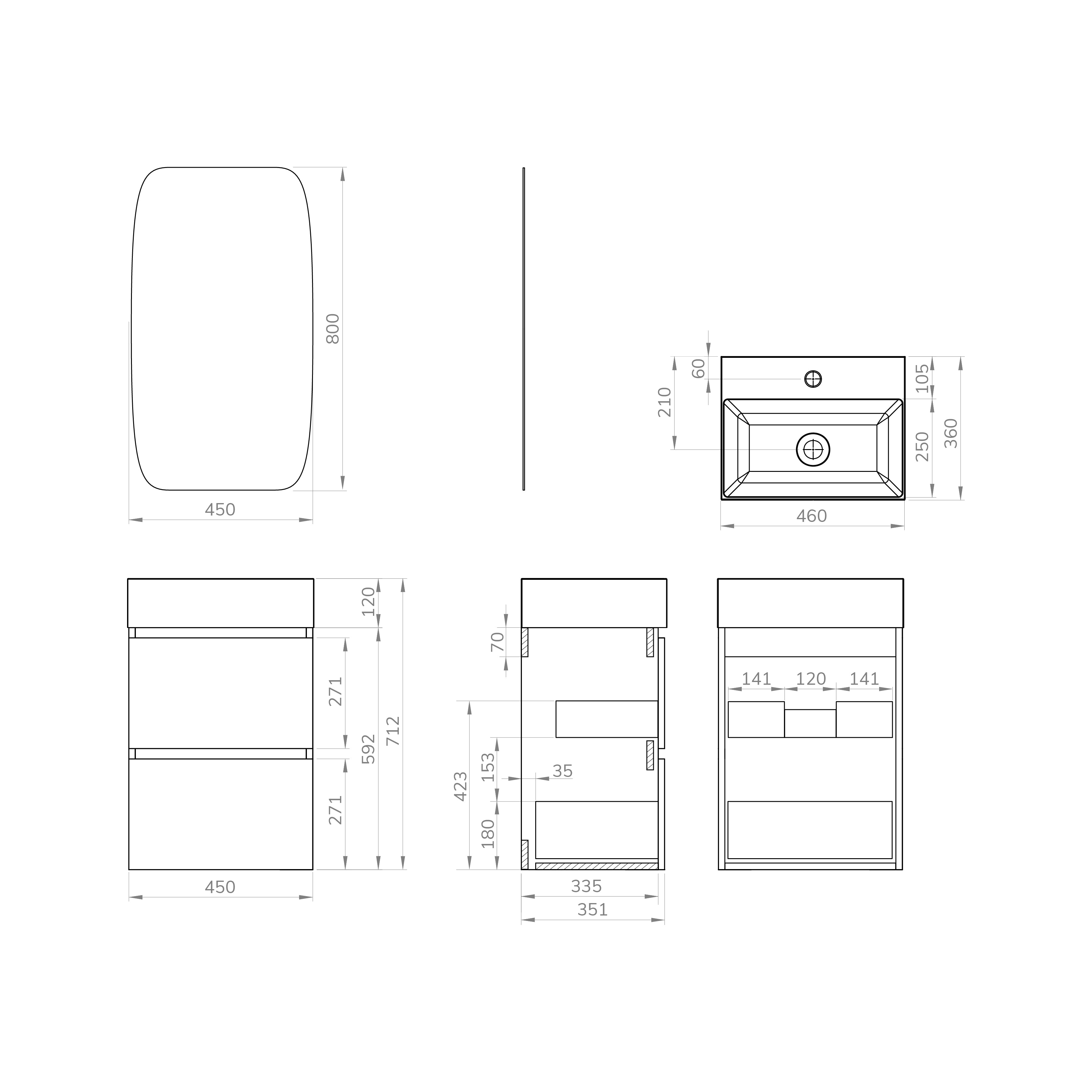 Maattekening Mini onderkast met 2 laden mat zwart en wastafel keramiek glans wit 45 cm inclusief spiegel