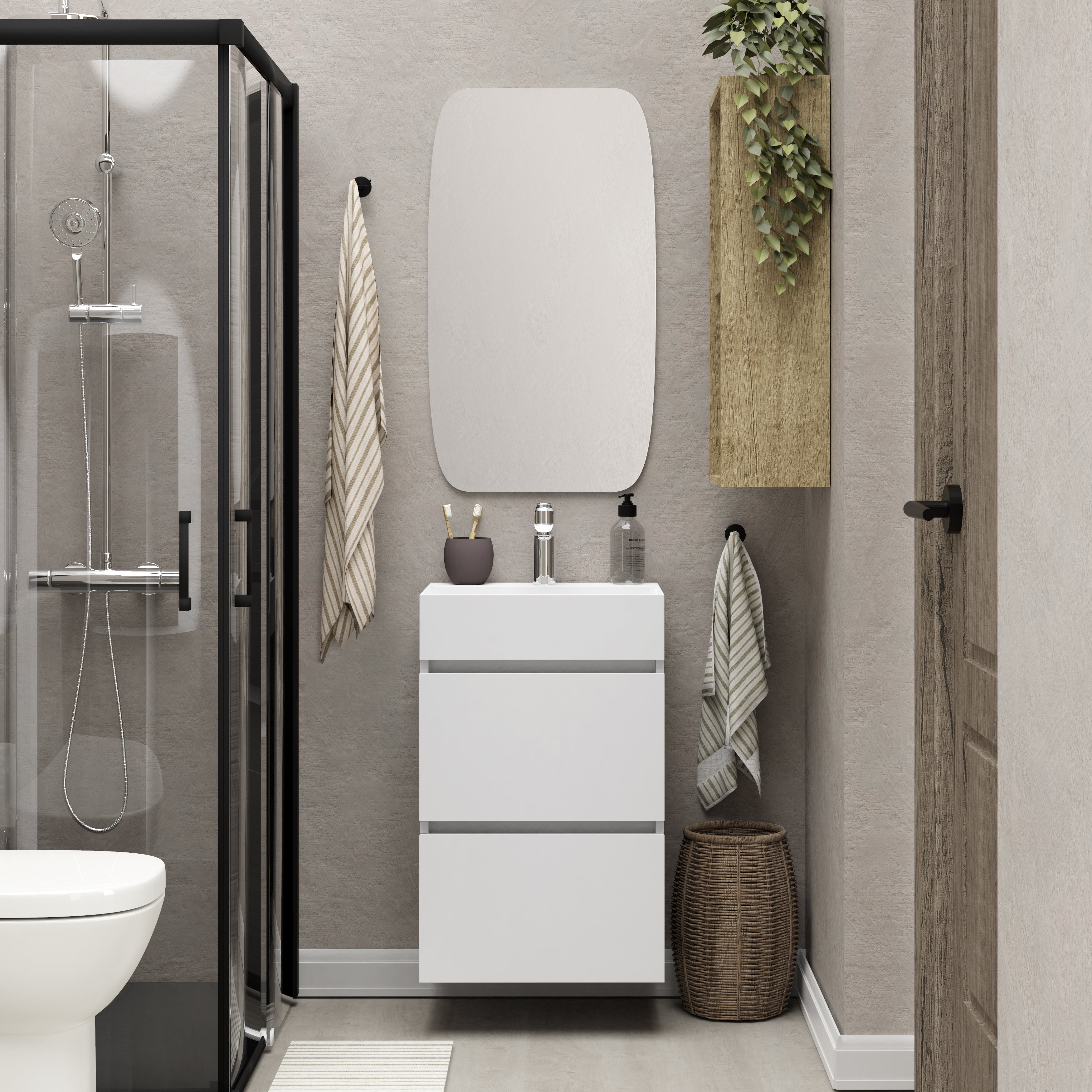 Mini onderkast met 2 laden glans wit en wastafel keramiek glans wit 45 cm inclusief spiegel – Xellanz – Mat Zwart – Badkamermeubelset | Dealplein