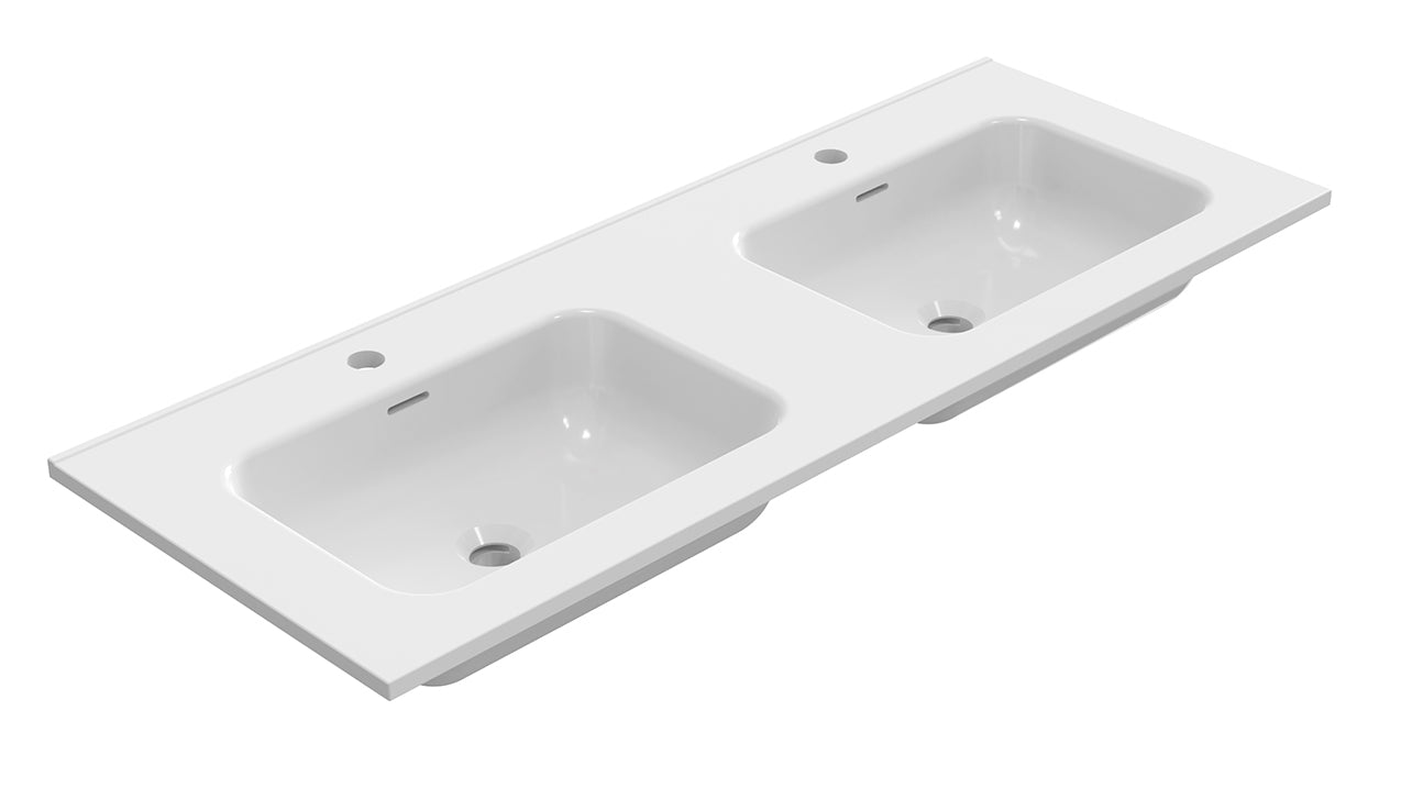 Bajo wastafel dubbel met 2 kraangaten 120 x 46 x 1,8 cm keramiek glans wit – Wiesbaden – Glans Wit – Meubel Wastafel | Dealplein