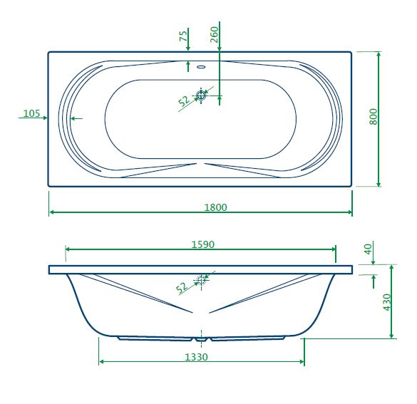 Schuit bad 180x80x43cm zonder poten