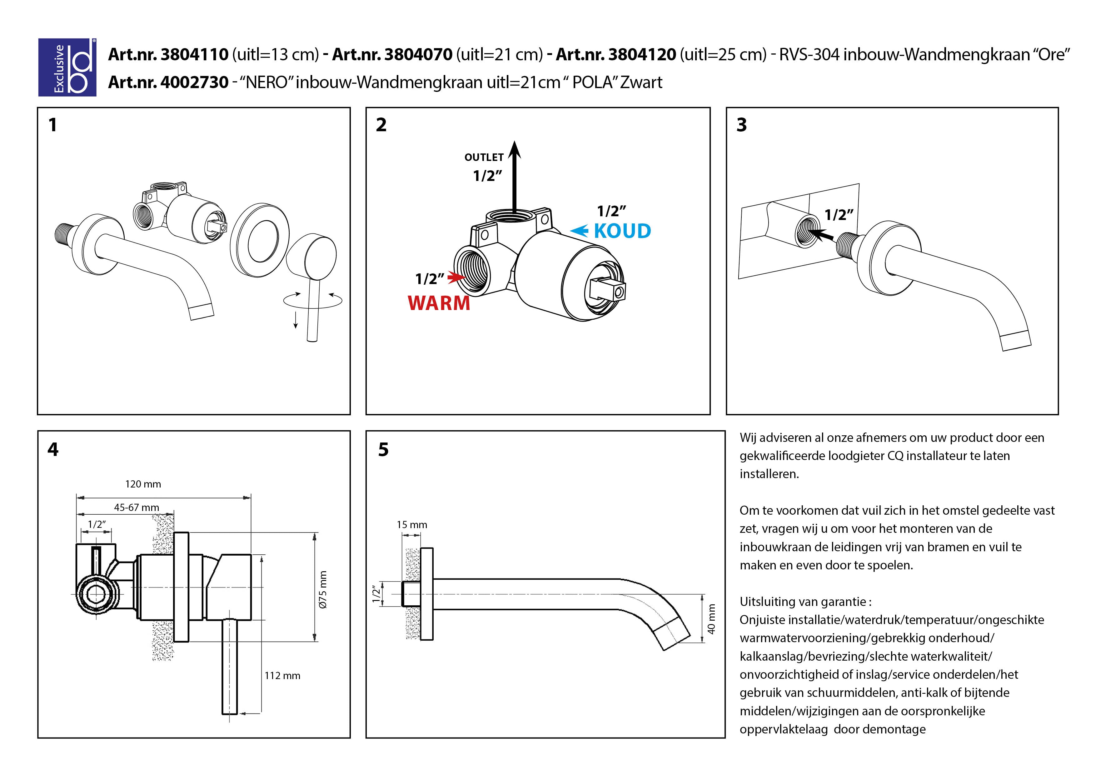 Ore-25 inbouw-wandmengkraan uitl=25cm RVS-304