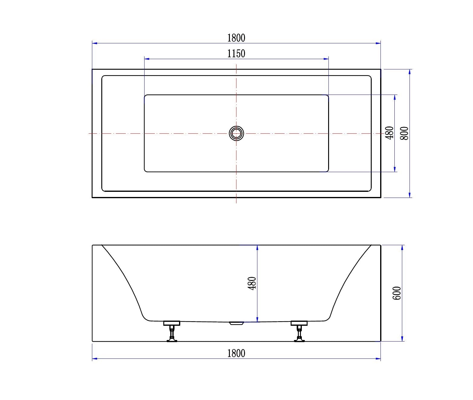 Zijaanzicht met de vorm van de kuip van Vrijstaand Bad ADW Strack Wit 180 x 80 cm