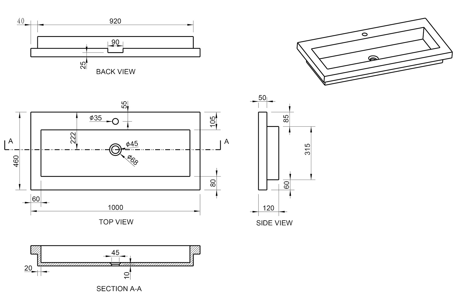 Raw wastafel enkel met 1 kraangat 100x46x5 cm hardsteen gezoet maattekening – 100 × 46 × 5 cm | Dealplein