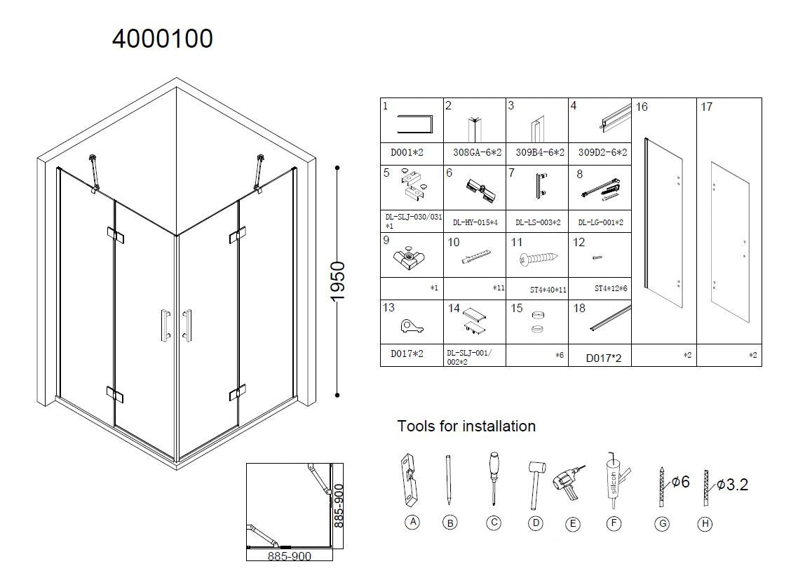 Erico Q4 vierkant hoekinstap 90x90x195cm NANO glas 6mm