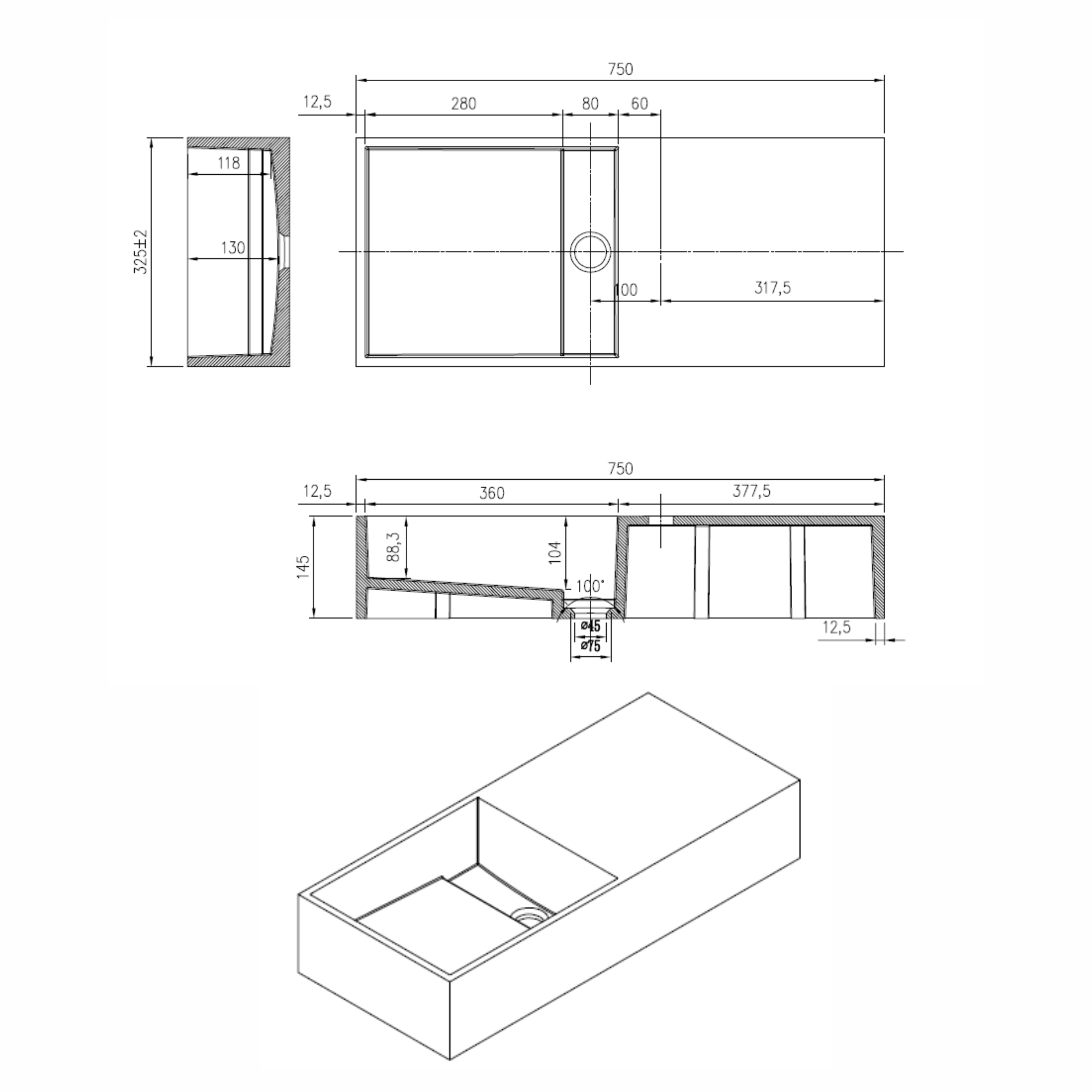 N75 Wastafel Just-Solid 75x33x15cm