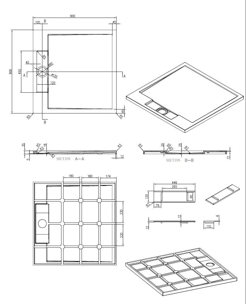 Decent Douchebak Just-Solid 90 x 90 x 3,5 cm