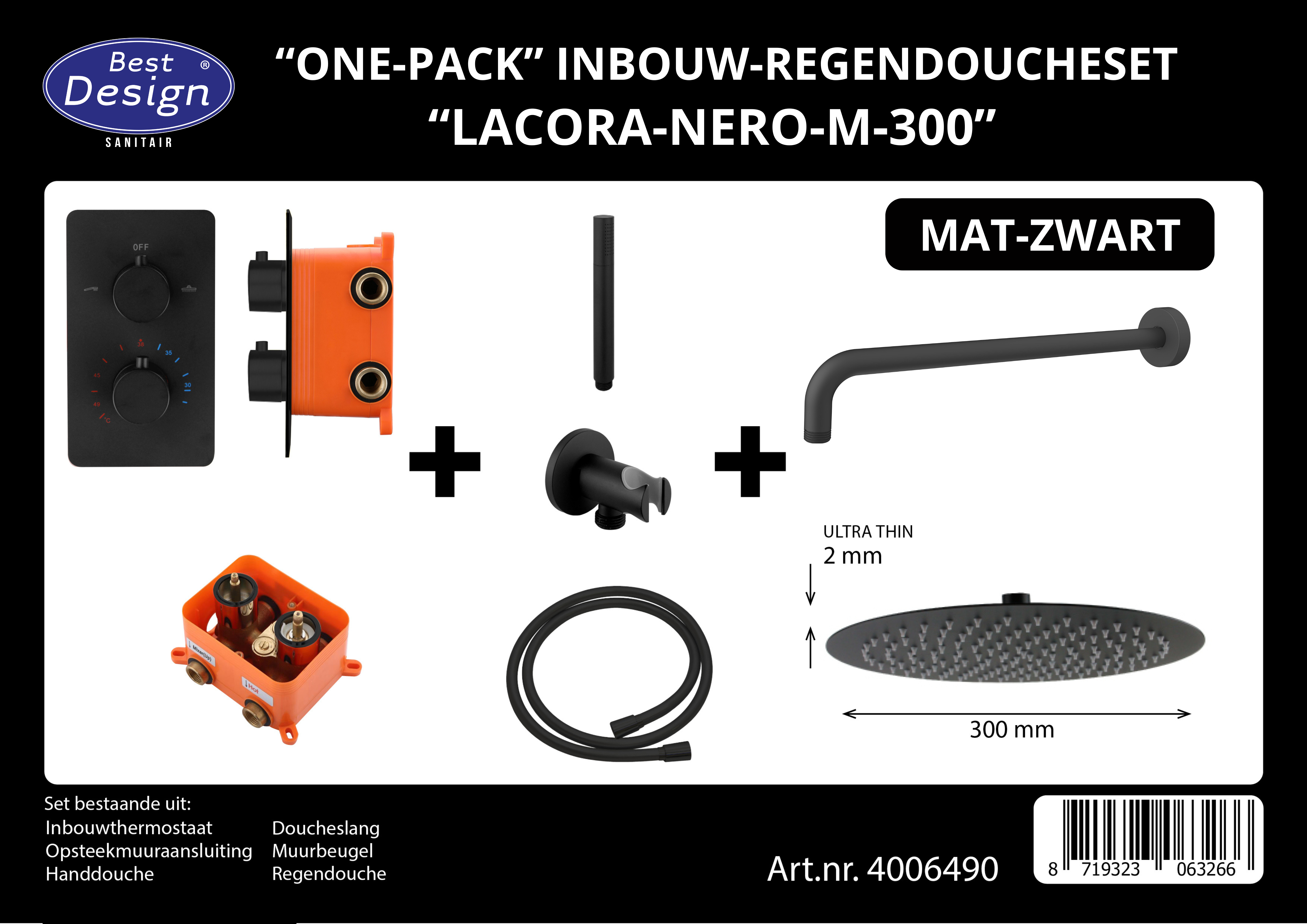 Complete Inbouw-Regendoucheset Lacora-Nero M-300 Mat-Zwart